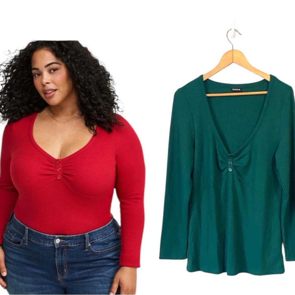 Torrid Thermal V Neck Long Sleeve Cinched Henley green size 1X